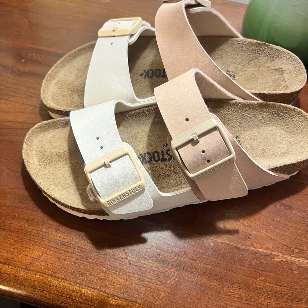 Birkenstock Arizona Two Strap Sandals Pink White Colorblock Size 37 Womens 6-6.5 - Picture 3 of 13